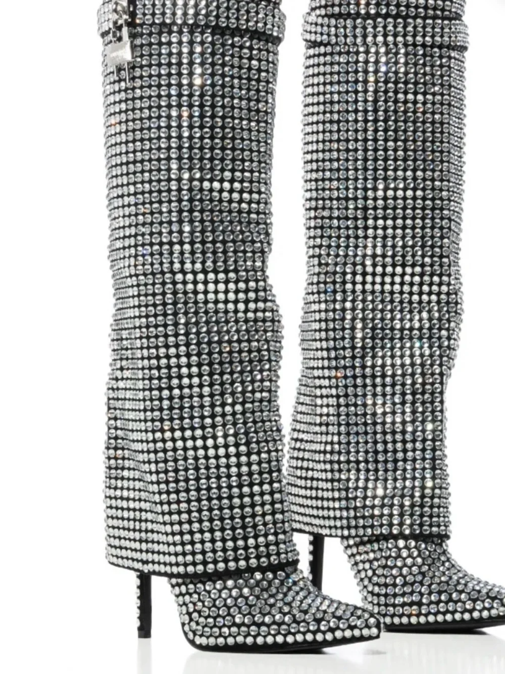 Rhinestone-Embellished Black Over-the-Knee Stiletto Boots